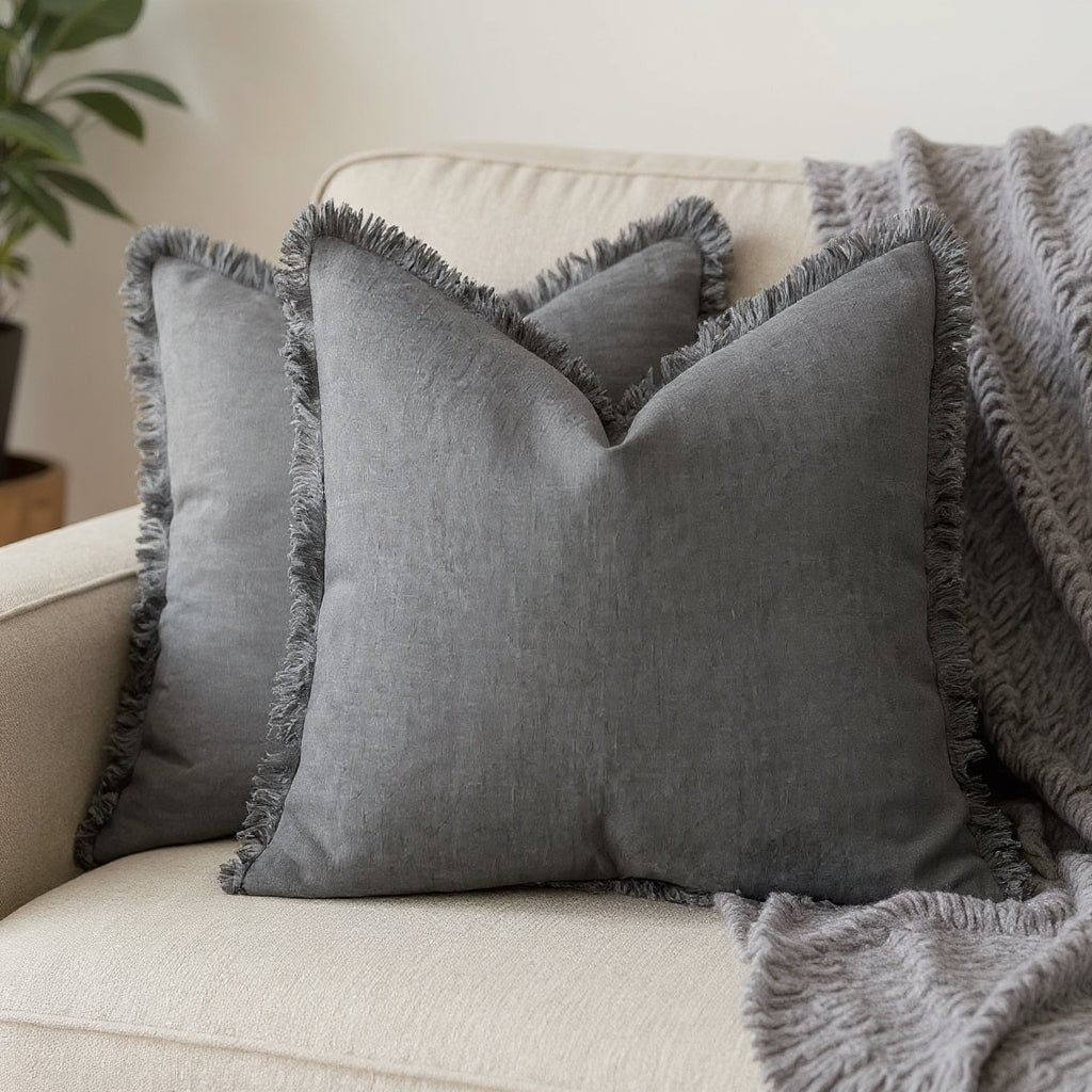Housse de coussin à volant lin-coton