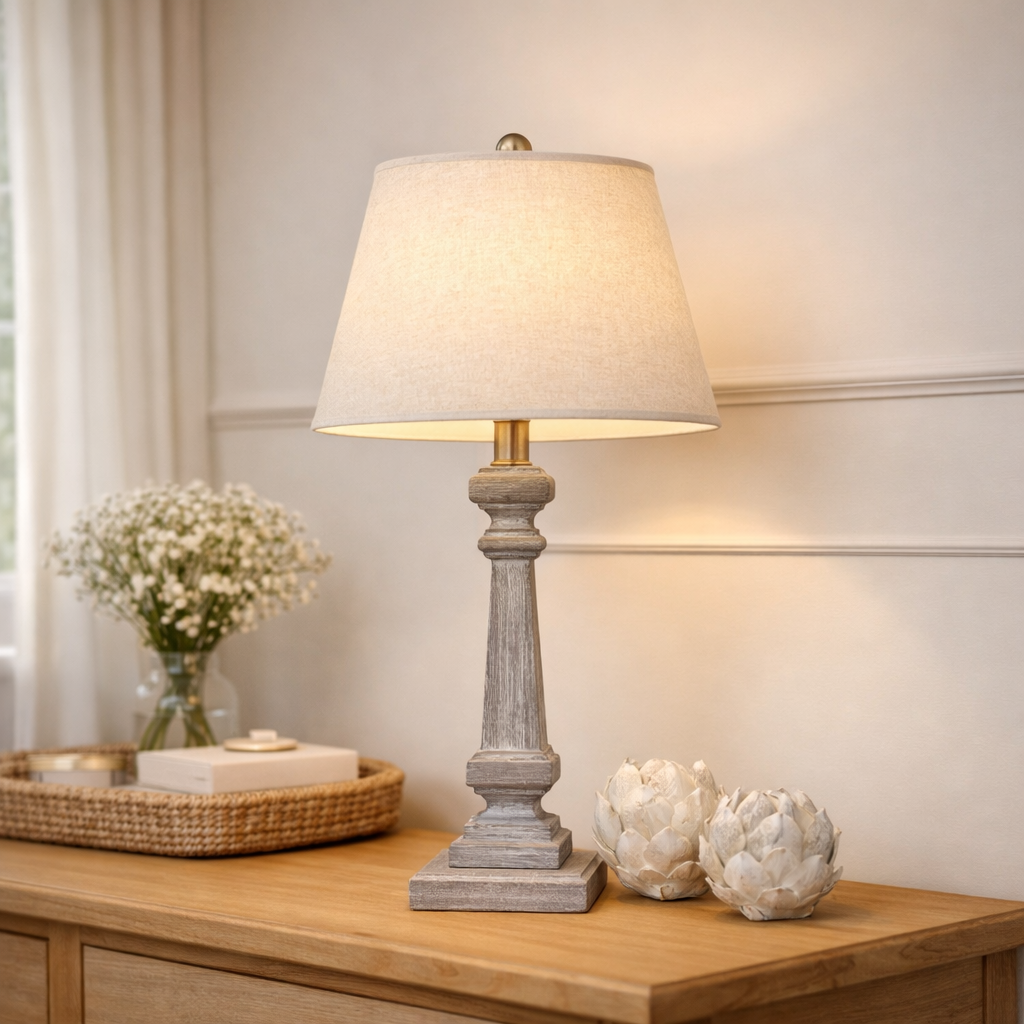 Lampe à poser bois et lin