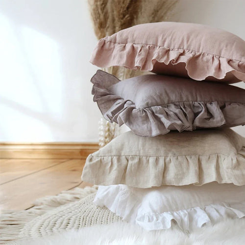 Housse de coussin en lin à volants