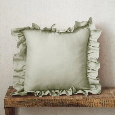 Housse de coussin en lin à volants